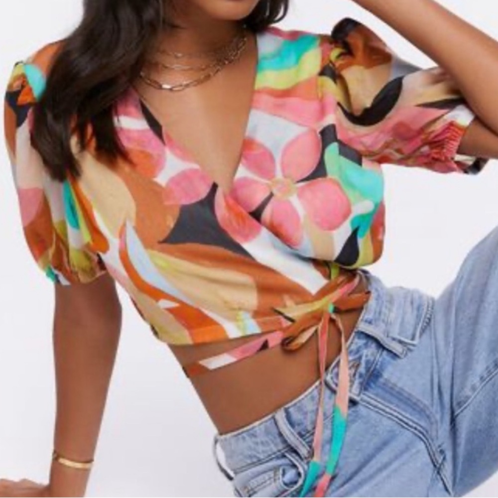Colorful Tropical Floral Watercolor Wrap Crop Top